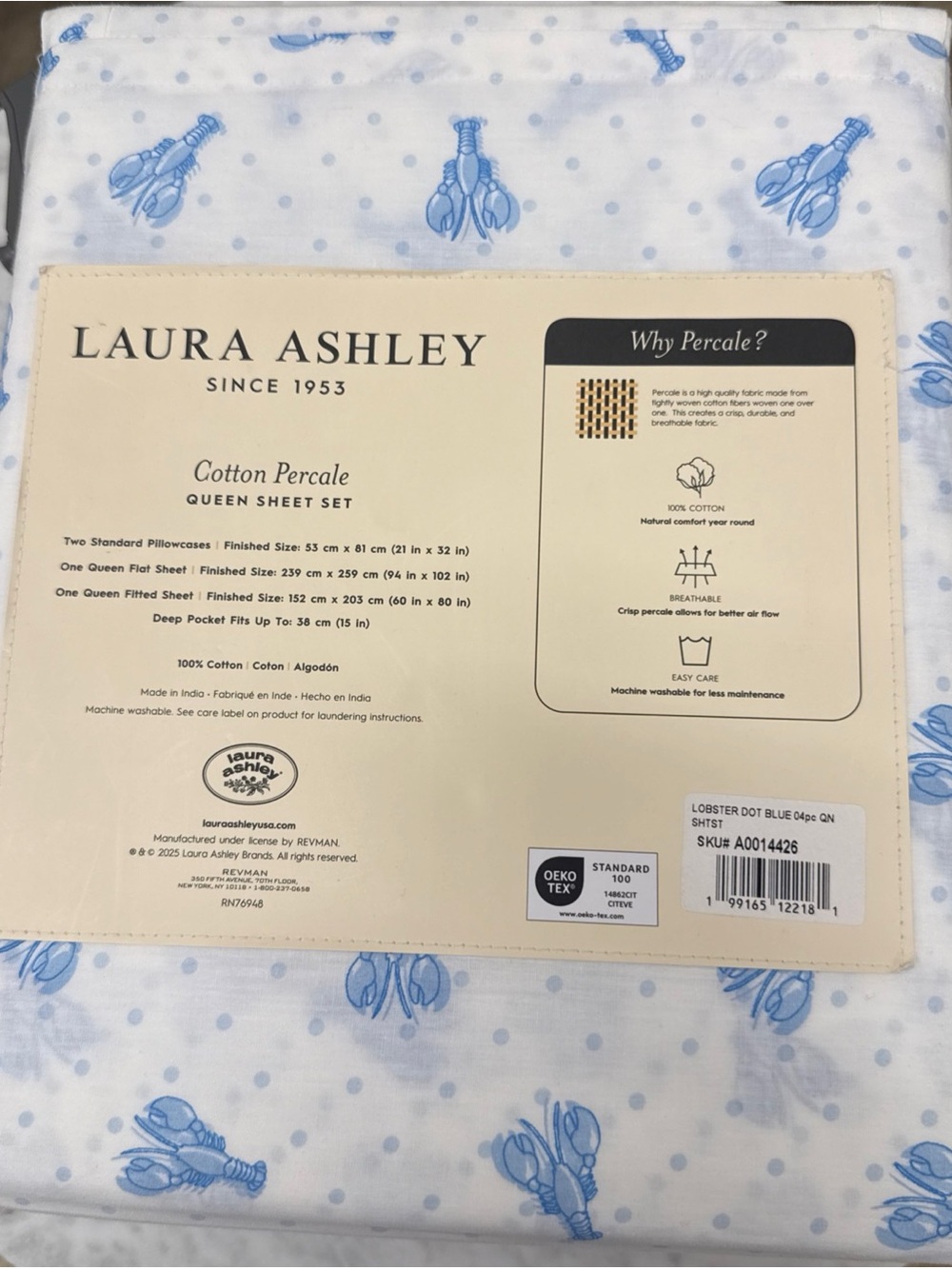 Laura Ashley White and Light Blue Cotton Percale Queen Sheet Set